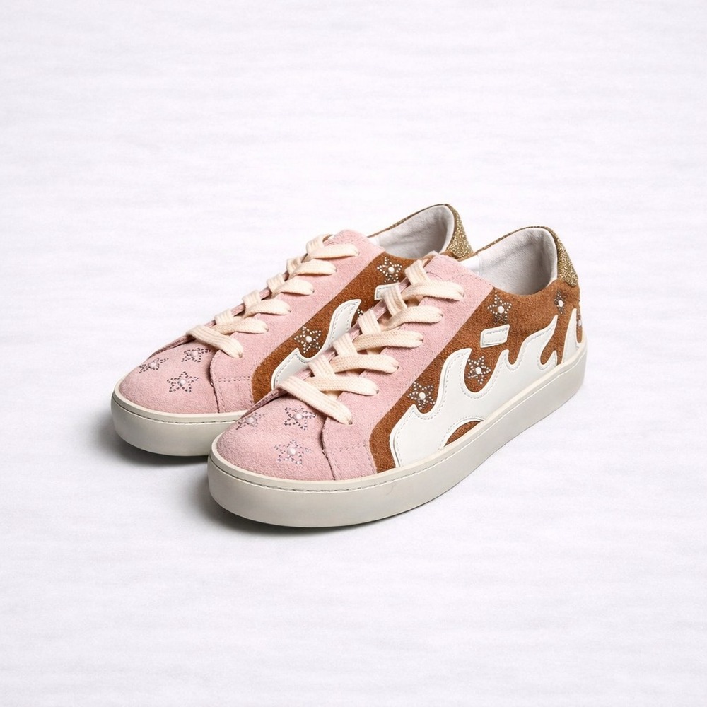 Anthropologie Bibi Lou Gamin Sneakers Pink Brown Suede Star Womens 37 Low Top